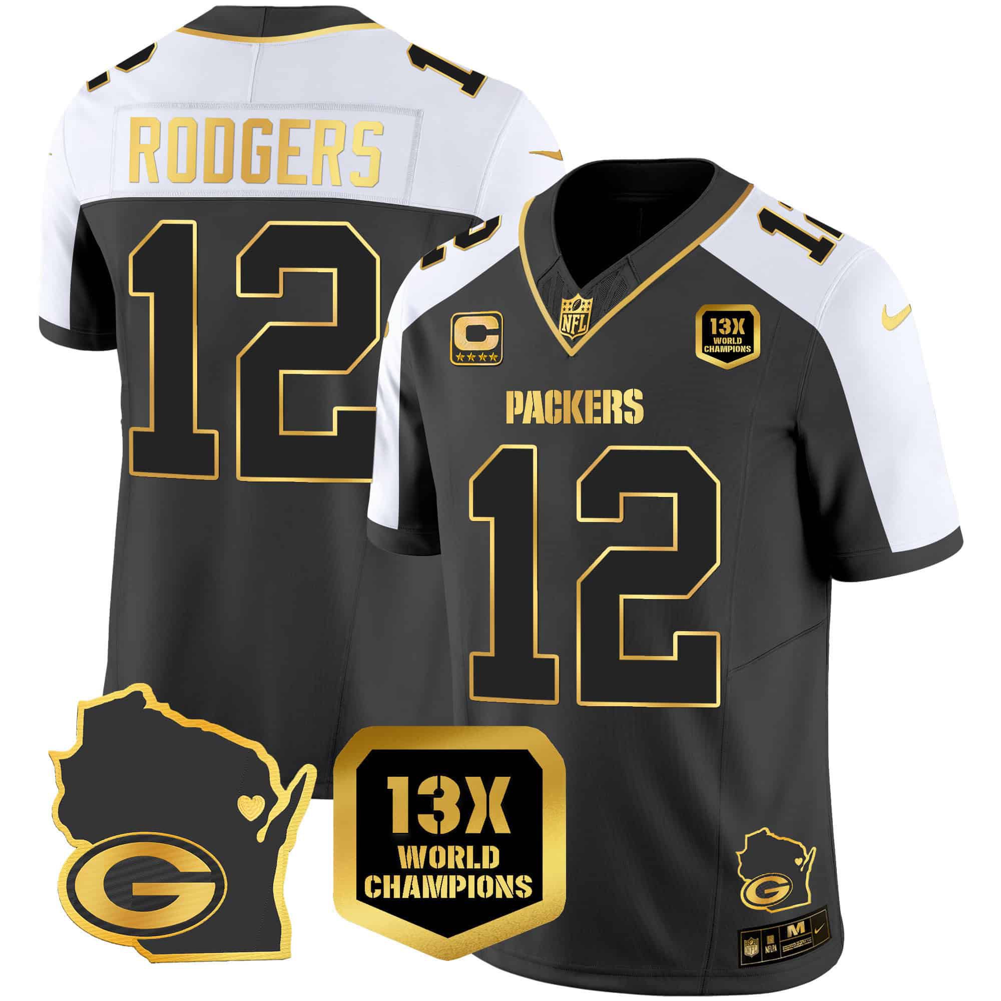 Men Green Bay Packers #12 Rodgers Black Gold 2024 Nike World Champions Home Patch Vapor NFL Jersey